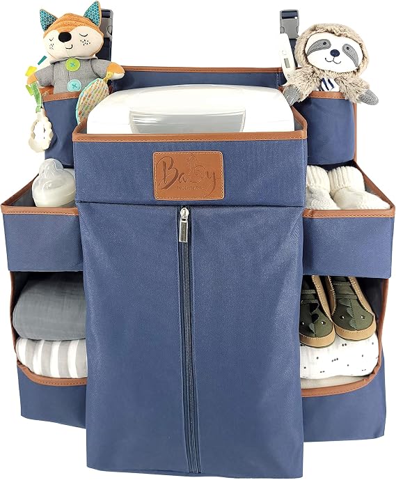 Baby Diaper Caddy & Nursery Organizer Hanging Diaper Organizer for Crib, Changing Table, or Playard - Baby Storage for Diapers, Wipes & Essentials (Navy)