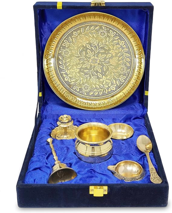 Brass Pooja Thali Set with Grey Gift Box 6 Inch Pital Plate Kalash Spoon Chandan Wati Dhup Dan Kuber Diya Ghanti Puja Arti Thali for Diwali Home Office Mandir Wedding Return Gifts