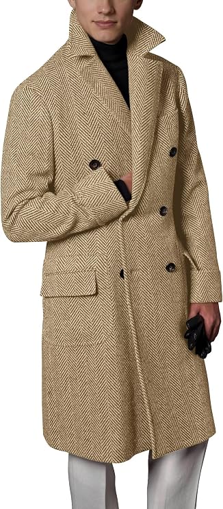 Mens Trench Coat Herringbone Tweed Pea Coat Double Breasted Peak Collar Casual Fall Winter Classic Long Overcoat
