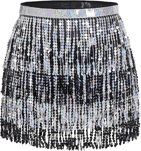 Belly Dance Hip Scarf Sequin Tassel Skirt Wrap Sparkly Rave Costume for Women