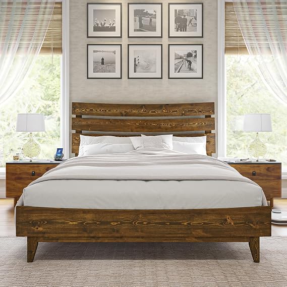VanAcc Queen Size Bed Frame with Slatted Headboard, Mid-Century, Caramel