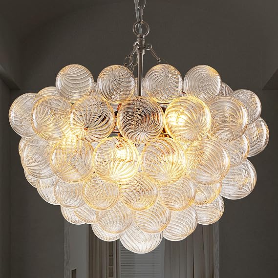 Bubble Glass Chandelier Brushed Nickel 24" 6-Light | Art Deco Cluster, Ribbed Blown Glass Globe, Pendant Lights for Home Remodel, Dining Table Lighting Fixtures
