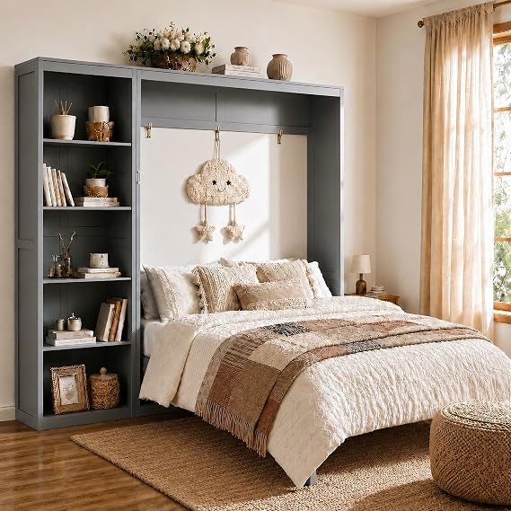 Queen Murphy Bed Cabinet with Storage, Wall Bed with Five-Layer Cabinet, Murphy Cabinet Hidden Bed, Space Saving Cabinet Bed with Dual Piston Mechanism for Guest Room, Apartment, Home Office