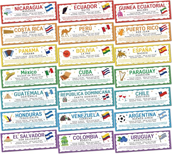 21 PCS Spanish Language Country Posters Flags Classroom Decorations Latin American Countries (New) Spain Puerto Rico and Equatorial Guinea Spanish Learning Materials for K-12 Students and Teachers