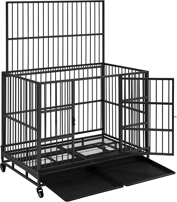 Yaheetech 42 Heavy Duty Dog Crate Foldable Dog Cage for MediumLarge Dogs WDouble DoorsRemovable Trays