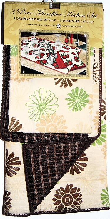 Colorful Printed Design Kitchen Linen 3 Piece Gift Set Microfiber Drying Mat, and 2 Towels (Retro Flowers)