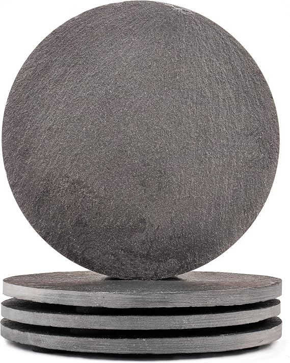 Slate Coasters Set of 4 with Holder - Black Round Stone Drink Coasters for Coffee Table, Anti-Scratch Coasters to Protect Wood/Glass Surfaces, Boho Home Mat Decor for Kitchen BarOffice (4 Pack)