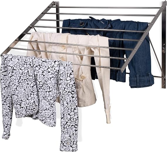 Wall Mount Clothes Drying Rack & Laundry Room Organizer, 6.5 Yards Drying Capacity Stainless Steel Silver Laundry Rack