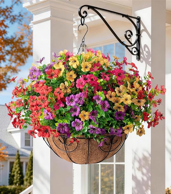 HyeFlora Artificial Faux Hanging Plants Flowers Basket for Summer Outdoor Outside Decoration, Fake Silk UV Sun Resistant Look Real Colorful Daisy Eucalyptus for Porch Home Patio Balcony Yard