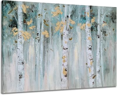 SYGALLERIER Birch Tree Canvas Wall Art with Textured Modern Forest Paintings with Gold Foil Contemporary Landscape Pictures in Green and White Color for Living Room Bedroom Bathroom Decor