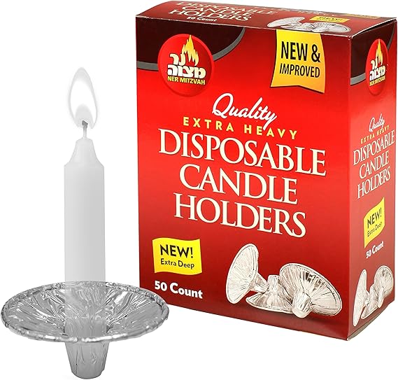 Ner Mitzvah Disposable Foil Candle Holders, Heavy Duty Aluminum Protector Bobeches, Drip Guard Candlestick Liner Inserts, 50 Count