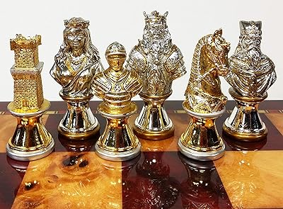 Metal Medieval Times Crusades Knight Busts Chess Men Set Gold and Silver Color Plating - NO Board
