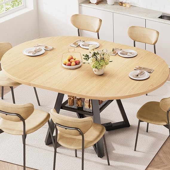 Extendable Dining Table for 4-8, Round Extendable Dining Room Table with Removable Leaf & Storage Shelf, Expandable Oval Kitchen Table with Pedestal Base, Modern Industrial Space Saving (Natural)