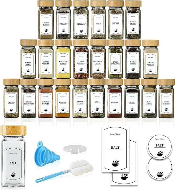 24 Pcs Glass Spice Jars with Bamboo Lids - 4 Oz Airtight Spice Containers with Shaker Lids, 96 Pre-Printed English Labels, Silicone Funnel & Cleaning Brush – Spice Bottles for Home Kitchen