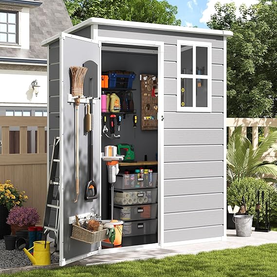 Amopatio Outdoor Storage Shed with Floor, 5x3 FT Lockable Plastic Tool Shed with Ventilation, Waterproof Resin Garden Sheds for Backyard, Patio, Lawn and Bike Grey