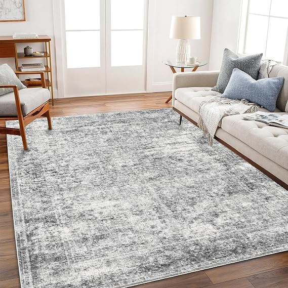 CHAMPLANT Area Rug 8x10 Washable Rug Gray Vintage Traditional Mat Distressed Indoor Foldable Thin Retro Accent Floral Non Slip Carpet Living Room Dining Room Office