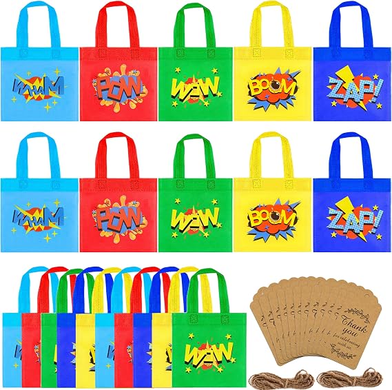 BANBALLON 20 PCS Superhero Party Favor Bags Superhero Non-Woven Gift Bags with Thank You Gift Tag Treat Gift Bags for Kids Birthday Party Superhero Theme Party Baby Shower Goodie Bags Supplies