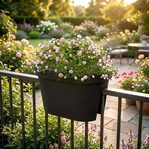 GEEZY Flower Pot, Anthracite Balcony Rail Planter, Durable Garden Fence Pot with Dual Compartments, UV Resistant, Eco-Friendly Hanging Plant Pots for Outdoor Decor, 26x40x24.5 cm