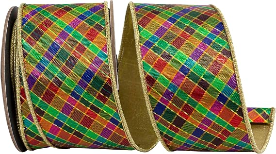 Reliant Ribbon Plaid Jewel Tone Deluxe Metallic Backed Wired Edge Ribbon, Multi