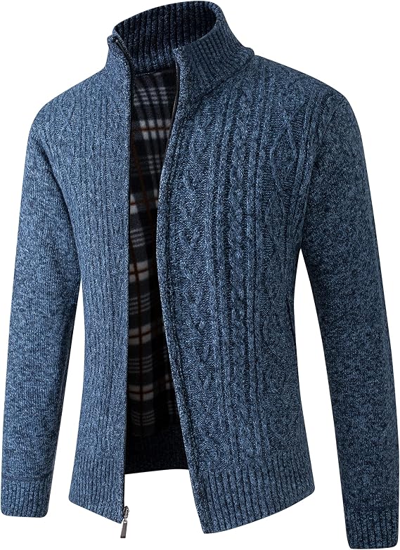 JYG Cardigan Sweaters for Men Full Zip Fleece Lined Up Stand Collar Slim Fit Knitted Sweater with 2 Front Pockets
