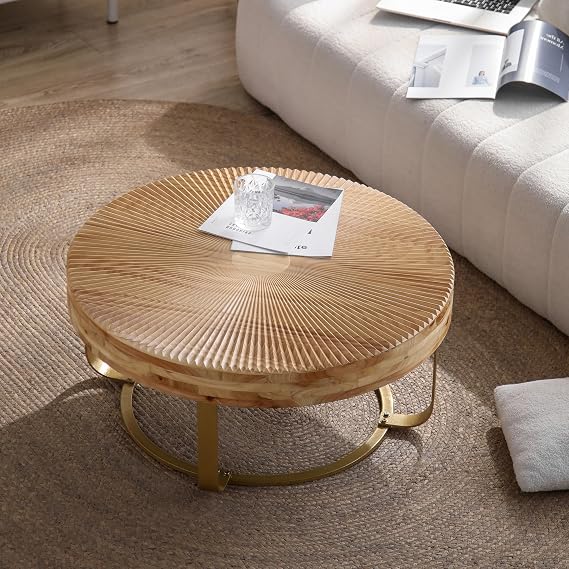 Gold Frame Natural Wood Tabletop Round Coffee Table