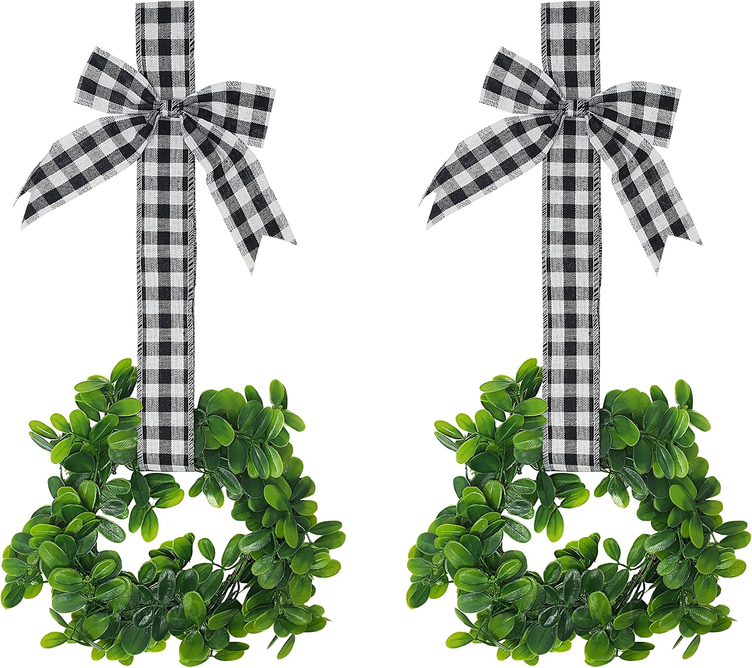 KOVOT Set of 2 Hanging Wreaths with Plaid Ribbon Bow. Christmas Decoration for Kitchen Cabinets, Behind Chairs, Doors, Railings & Windows - Black & White Plaid Bow