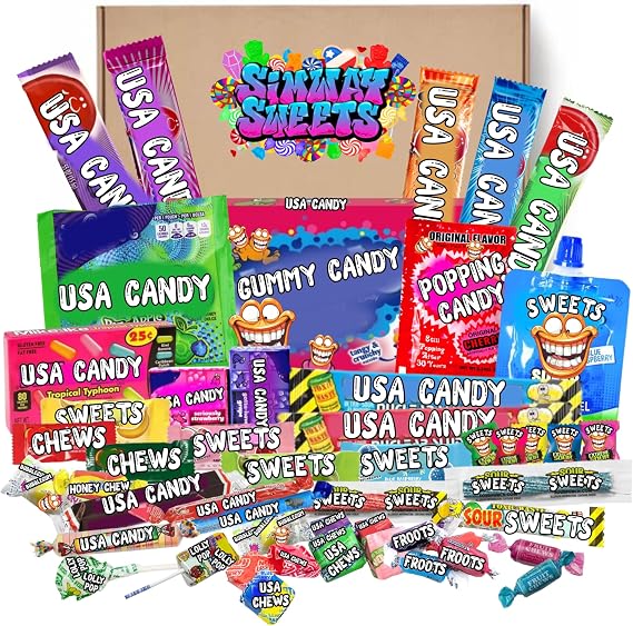 American Sweets Gift Box – USA Candy Assortment, Mix of 50 Chewy & Fruity Favorites By Simway Sweets