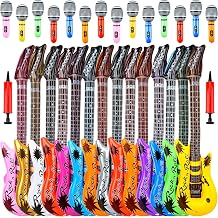 30 Pack Inflatable Rock Star Toy Set include 14 Pcs Inflatable Guitar Bulks 14 Pcs Blow up Microphone and 2 Pcs Red Air Pump for 80s 90s Musical Party Favors