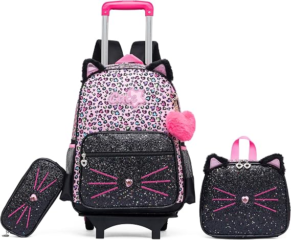 HTgroce Kid's Rolling Backpack School Bags for Girls College Student Travel Trip Travel School Children, Toddler Backpack with Wheels Laptop Luggage with Lunch Box, Pencil Case for Boys Girls