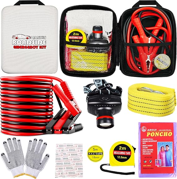 LIANXIN Emergency Car Kit with Jumper Cables Headlamp Car Safety Kits Pale | Roadside Car Emergency Kit Tow Straps, Tape Measure, Rainwear, Multi-tool Kit, Breakdowns Gifts for New Drivers