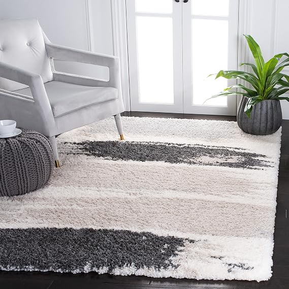 SAFAVIEH Fontana Shag Collection Area Rug - 9' x 12', Grey & Ivory, Modern Abstract Design, Non-Shedding & Easy Care, 2-inch Thick Ideal for High Traffic Areas in Living Room, Bedroom (FNT898F)