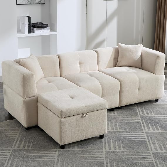 IKERY 80" Sectional Sofa Couch with Removable Storage Ottoman, Fabric Sofa for Living Room Apartment, L-Shaped Sofa with 2 Pillows for Home/Apartment/Office Living Room, Beige