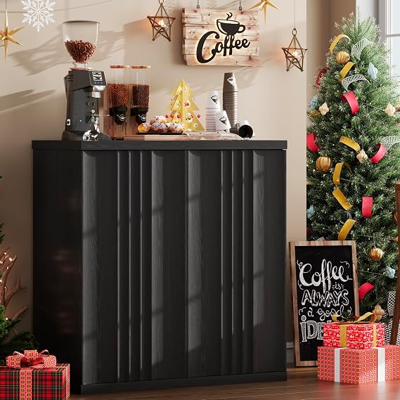 Dystler Buffet Cabinet with Storage & Adjustable Shelves for Living Room, Fluted Sideboard with 31.5''W & Press-Spring Doors, Modern Coffee Bar Cabinet for Entryway & Kitchen, Black