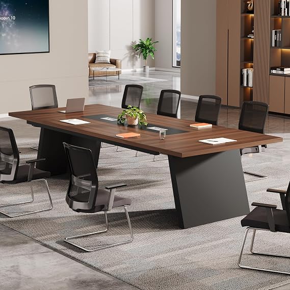 Tribesigns 8ft Conference Table, Modern Office Meeting Room Desk with Cable Management, Large Business Furniture for Boardroom, Conference Room (1, Walnut + Black)