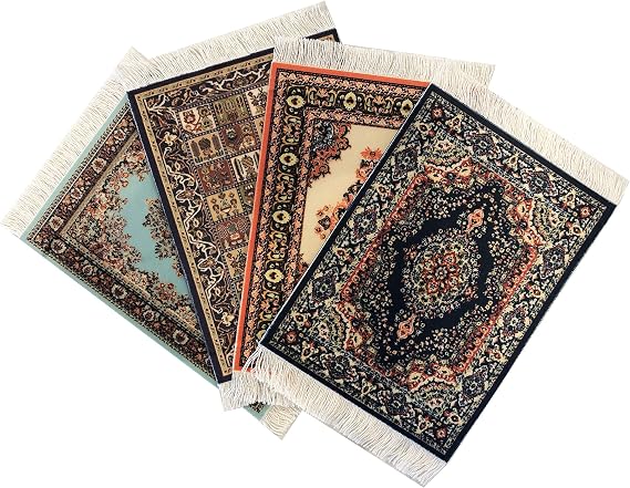 Set of 4 Carpet-Style Coasters Turkish Rug Design Drink mats with Fringe, Absorbent and Non-Slip for Coffee, Tea, Wine | Dining Accessory