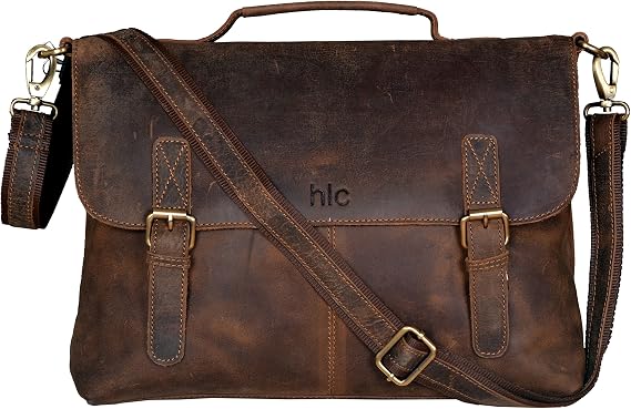 HLC handolederco 15" Buffalo Leather Vintage Rustic Leather Messenger Laptop Briefcase Satchel Bag for Men and Women