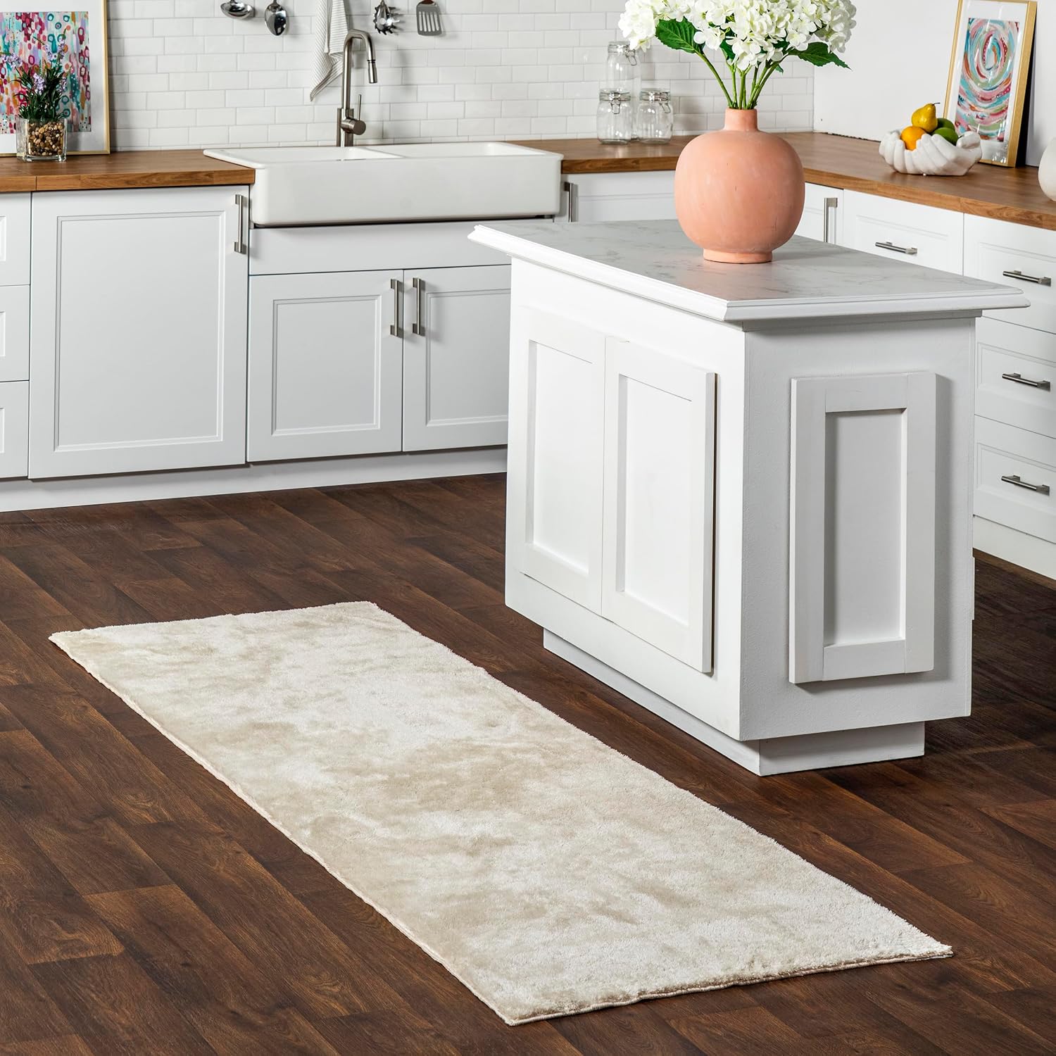 nuLOOM Loni Katı Makinede Yıkanabilir Tüylü Yolluk Halı, 2 6 x 6, Krem