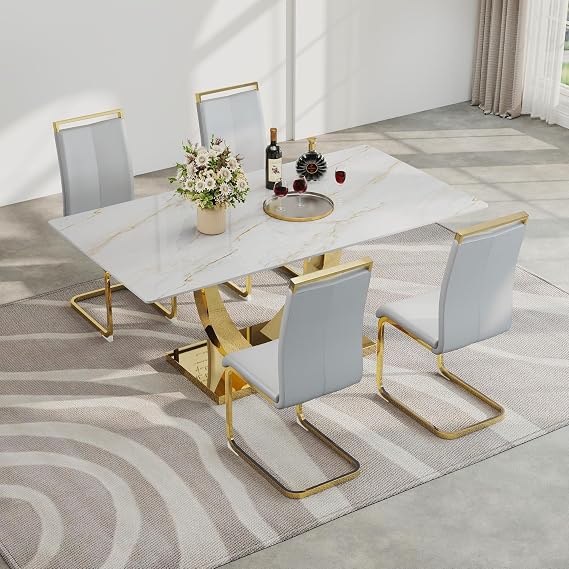 Baysitone 5-Piece Modern Glass Dining Table Set, 63" Rectangular Faux Marble Top Tempered Glass Kitchen Table with Gold Base Set & 4 Light Gray Faux Leather Dining Chairs for Dining Room Kitchen