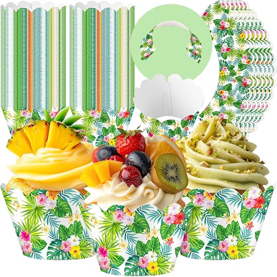 Domensi 100 Pcs Hawaiian Luau Tropical Palm Cupcake Wrappers Rustic Cupcake Liners Green Baking Cups Baking Liners for Summer Birthday Party Supplies Dessert Decoration