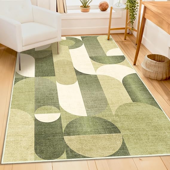 Green Rug 3x5 Washable Area Rugs for Bedroom Living Room | Modern Geometric Non Slip Small Carpet for Kitchen Entryway Bedside