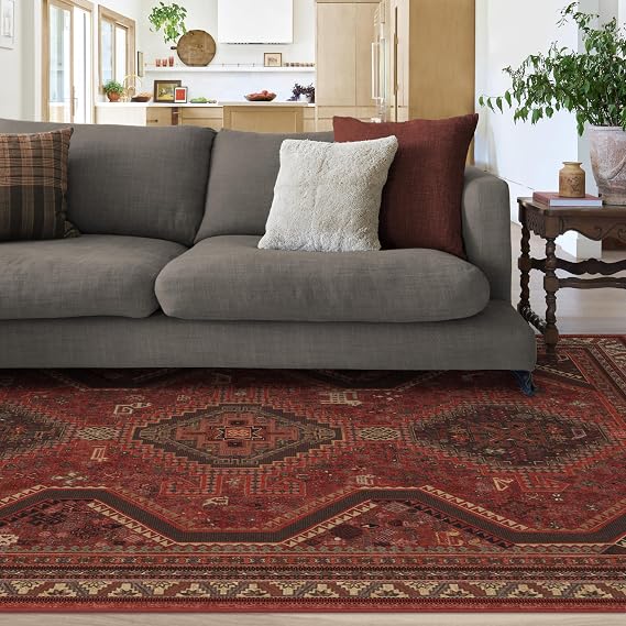 RUGGABLE Washable Area Rug Zareen Scarlet Red 5x7, Stain-Resistant, Non-Slip Medium Machine Washable Rugs for Living Room, Bedroom, Hallway, Entryway & Officewith Standard Pad
