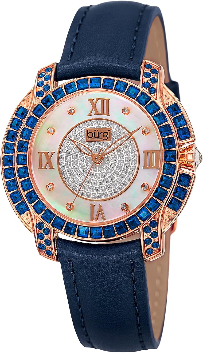 Burgi Swarovski Crystal Women's Watch - Unique Diamond Hour Markers on Mother of Pearl Dial with Colored Swarovski Crystals On Genuine Leather Strap Watch - BUR156