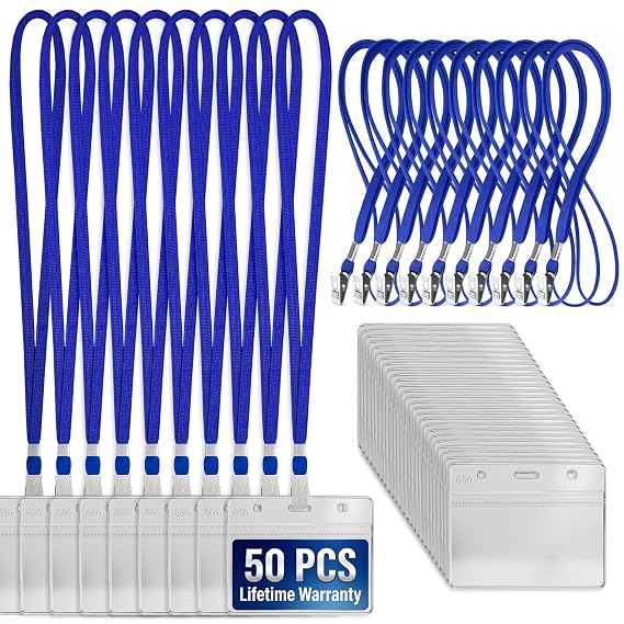 50 Pack Lanyard with ID Holder, Horizontal Card Sleeve with Insert