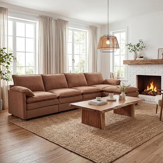 Modular Sectional Couch for Living Room, Modern L Shaped Cloud Couch with Comfy Chaise Ottomans, Upholstered Modular Sofa with 4 Seat Sectional Couches Set Fabric Floor Sofa, Brown Velvet