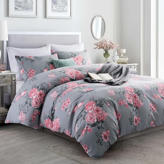 MOONLIGHT20015 Double Duvet Set Soft Printed Luxury Bedding Set Brushed Microfiber Duvet Cover with Pillowcases (Grey Bouquet 200x200 CM)