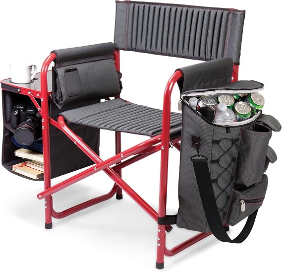 PICNIC TIME Fusion Camping Chair with Side Table and Soft Cooler, Outdoor Foldable Padded Camping Chairs with Cup Holder for Lawn, Beach, Sports Use for Adults, (Dark Gray Red Accents)