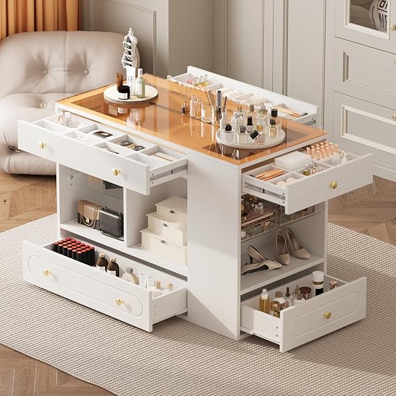 Walk-in Closet Island with 6 Drawers,Wardrobe Armoire Bedroom Island with Glass Display Top and Open Shelves,Jewelry Storage Vanity-Island with Compartments for Cloakroom (White)