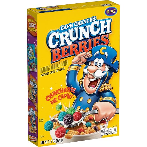 Quaker Cap'n Crunch Sweetened Corn & Oat Cereal, Crunch Berries flavored Cereal, 11.7 Oz