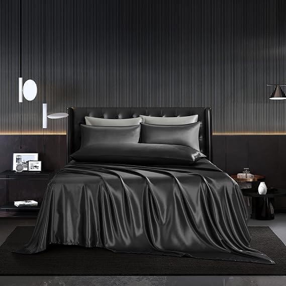 4Pcs Black Twin Size Satin Sheets Set Black Silky Satin Sheets Set Twin Comforter Bedding Set with 1 Satin Flat Sheet,1Deep Pocket Fitted Sheet,2 Pillowcases with Envelope Closure