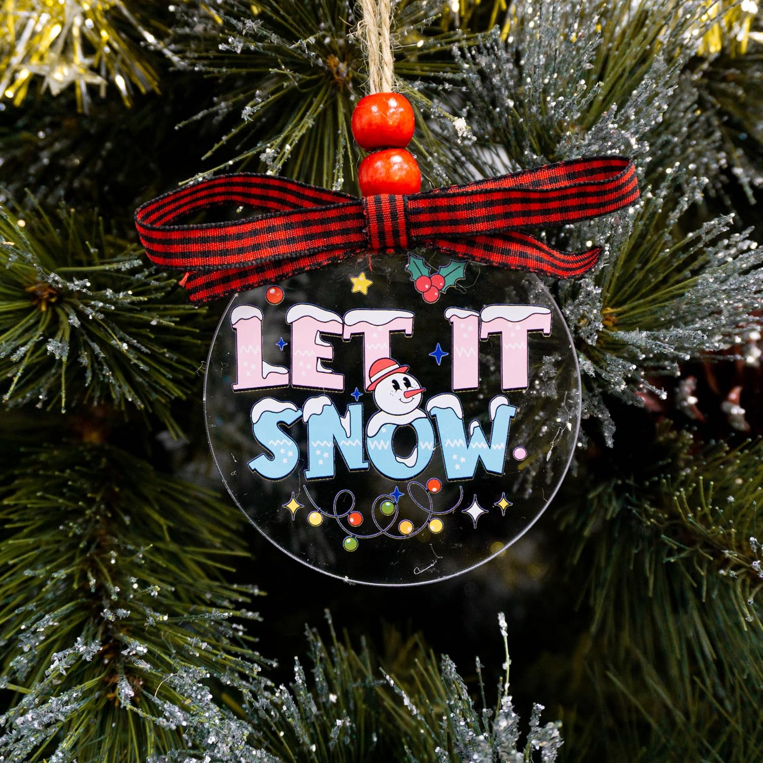 Talataca Snow 2D Flat Christmas Ornament & Wood Beads, Christmas Quotes Pine Tree Decor, Hanging House Charm Eve Keepsake, Car Rear View Mirror Accessories, Xmas Gifts